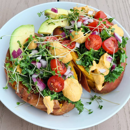 Baked Sweet Potato with Kale Salad and Cashew Sauce