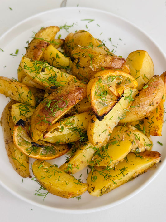 Greek Oven Roasted Potatoes with Creamy Mustard Dill Sauce