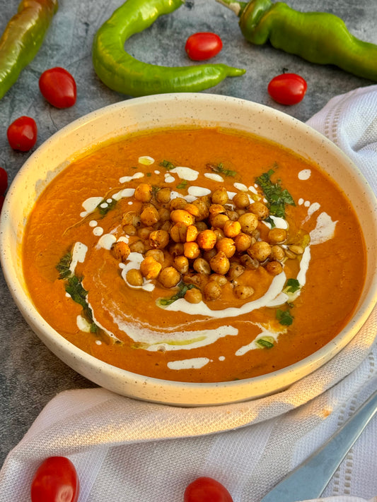 Creamy Roasted Vegetable Soup with Crispy Chickpeas