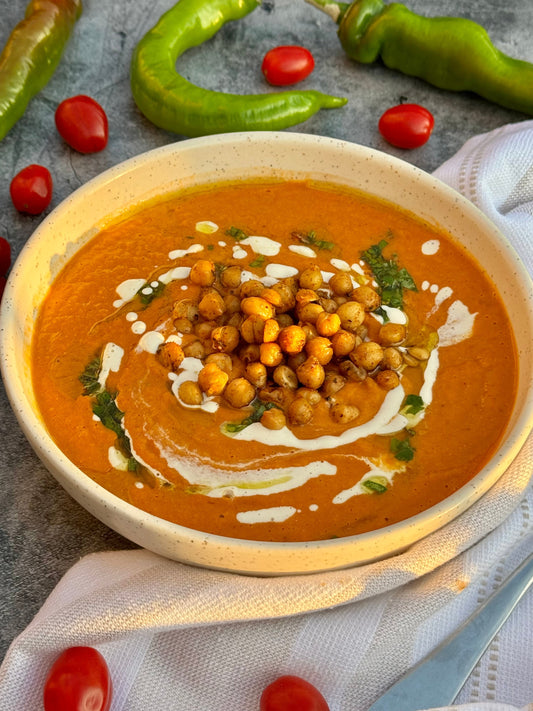 Creamy Roasted Vegetable Soup with Crispy Chickpeas