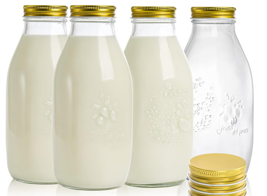 4 Pack 32 oz Glass Milk Bottles with 8 Metal Screw On Lids